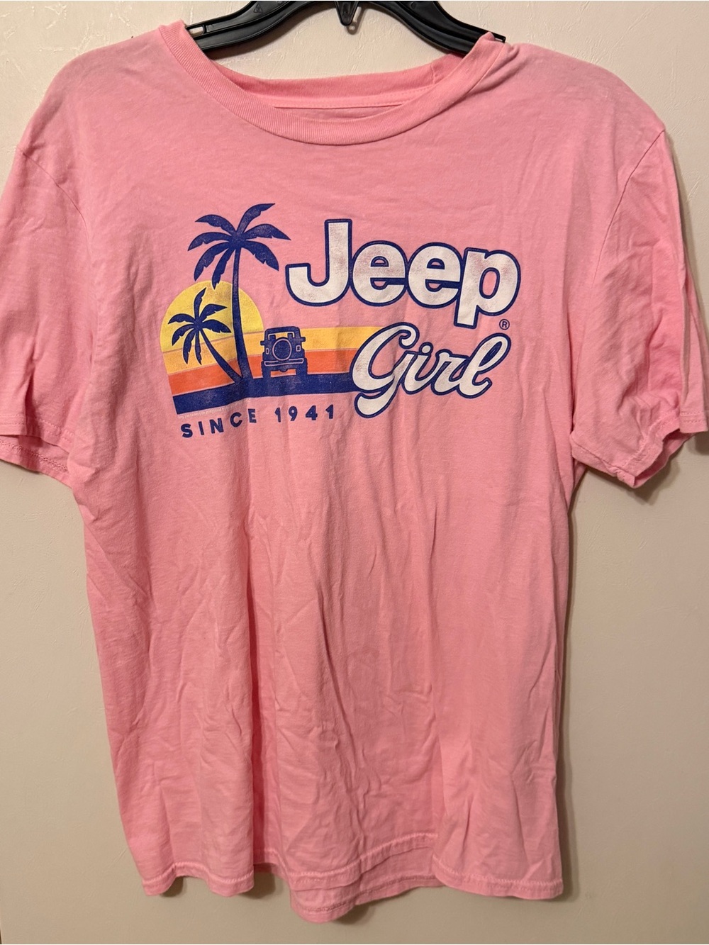 Jeep Pink Graphic Tee with Sunset Palm Design